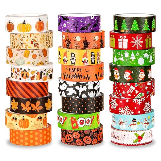 Whaline 24 Rolls Fall Halloween Washi Tape Holiday Washi Tape Set Thanksgiving Fall Leaves Pumpkin Masking Tape Thanksgiving Autumn Winter Christmas Tape for Scrapbook Journal DIY Art Craft