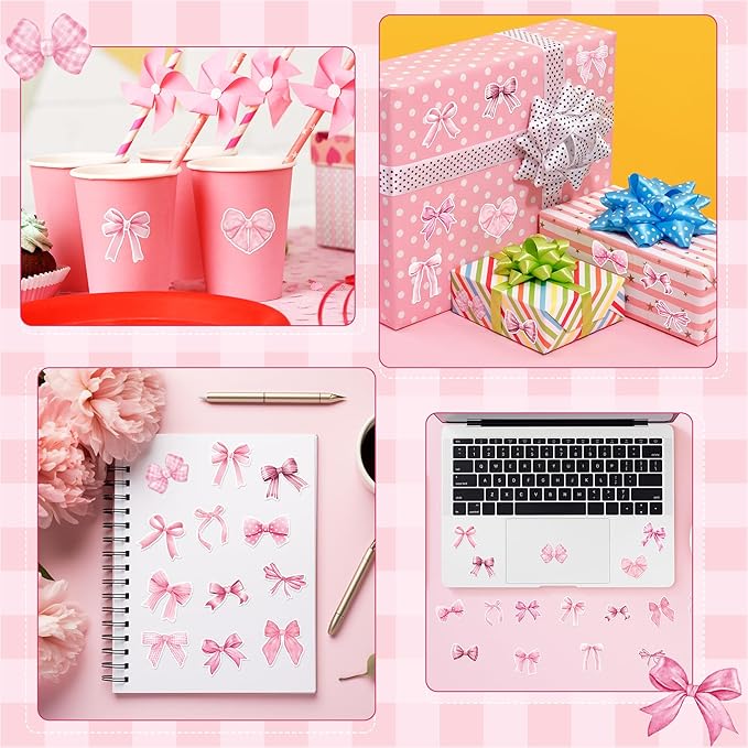 beyumi pink bows sticker roll - 1000pcs coquette pink bows stickers in 2 rolls waterproof vinyl girly aesthetic decal for gift laptop bottle scrapbooking luggage computer envelope decor for kids