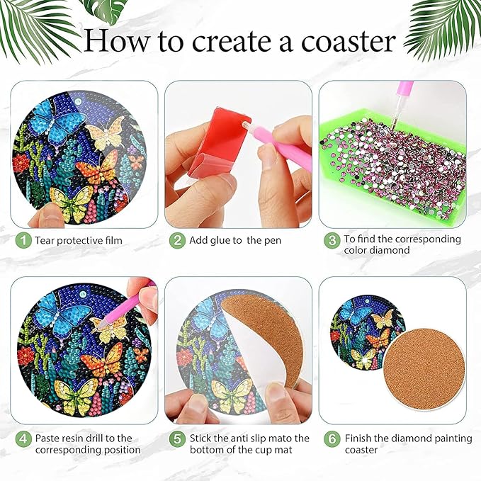 EWJRNSF 8 PCS Small Diamond Painting Coasters Kit, Fall Art Coasters for Adults Beginners, Arts and Crafts Supplies Item Sets Not with Holder Butterfly