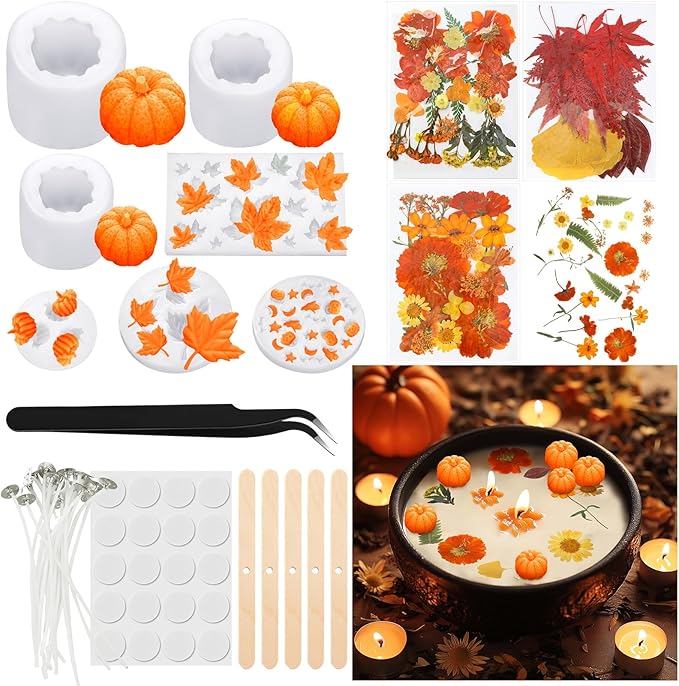 Janinka 108 Pcs Christmas 3D Pumpkin Silicone Candle Molds Gift Set DIY Craft Resin Pumpkin Molds Making Kit with Maple for Xmas Craft Making Fondant Soap Candy Clay Tools Home Decor