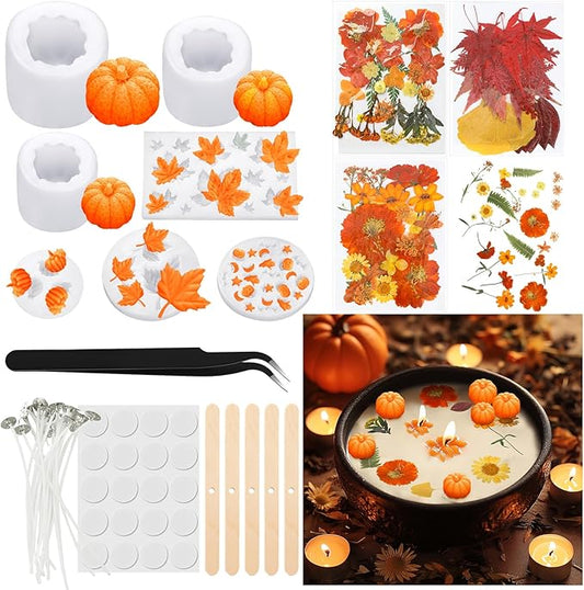 Janinka 108 Pcs Christmas 3D Pumpkin Silicone Candle Molds Gift Set DIY Craft Resin Pumpkin Molds Making Kit with Maple for Xmas Craft Making Fondant Soap Candy Clay Tools Home Decor