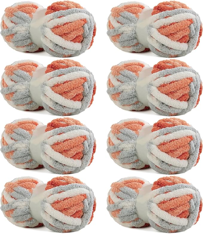 HOMBYS Chunky Tie Dye Mix Chenille Yarn for Hand Knitting, Super Bulky Jumbo Yarn for Crocheting, 3/4" Thick Soft Plush Yarn for Blankets, 8 Skein Pack (26 yds / 7.5 oz Each) Orange Grey White