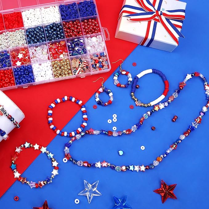 UPINS 2100PCS+ Red White and Blue Beads Bracelet Making Kit 4th of July Patriotic Beads for Jewelry Making Heishi Beads for DIY Bracelets Independence Day Crafts