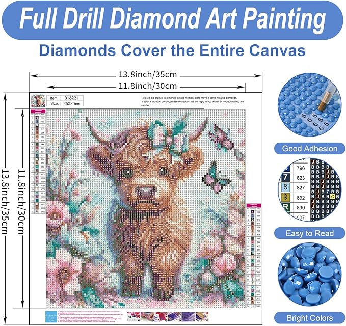Camocin Diamond Art Kits for Adults Highland Cow, 5D Highland Cow Diamond Painting Kits for Adults Beginners, DIY Flowers Full Round Dots Drill Gem Art Kit for Gift Home Wall Decor 14 x 14 Inch