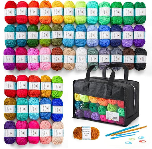 inscraft 52 acrylic yarn skeins, 1820 yards 52 colors, 2 crochet hooks, 2 weaving needles, 10 stitch markers, 1 bag, for crocheting & knitting, gift beginners and adults
