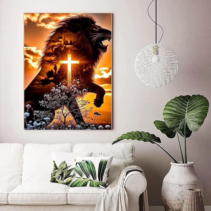 ijbnhd Diamond Art Kits for Adults - 5D Lion Cross Diamond Painting Kits for Beginners, DIY Lion Cross Gem Art Crafts Full Round Drill for Home Walls Decor 12X16Inch