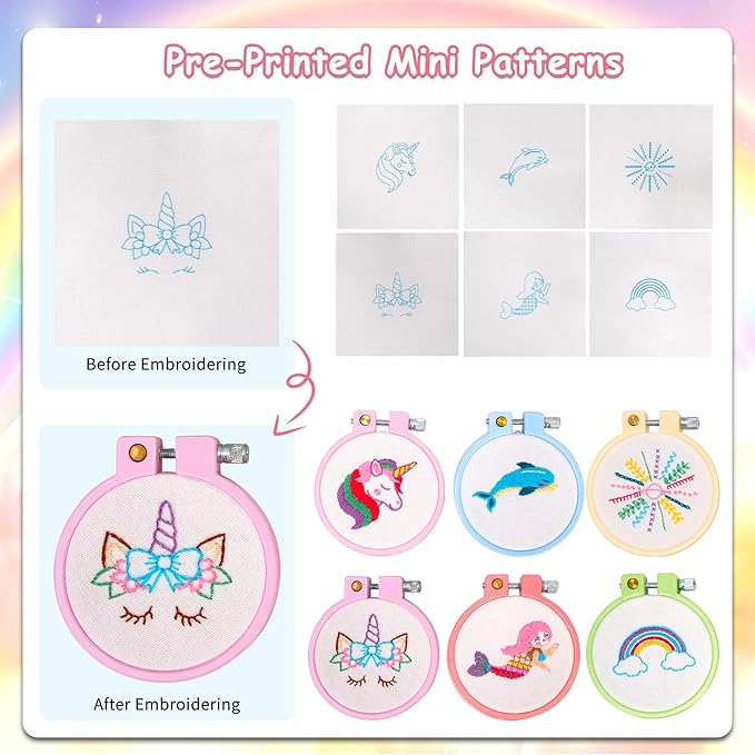 Pllieay 6PCS Embroidery Kit for Kids, Needlepoint Kits for Beginners with Pre-Printed Pattern, 6Pcs Hoop, Threads, Keychains and Instructions, Kids Cross Stitch Kits Supplies for Crafting
