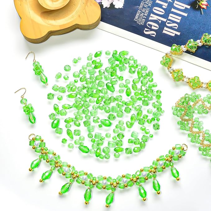 1500 Pcs Crystal Glass Beads for Jewelry Making – 12 Styles Bicone, Rondelle, Cube, Teardrop & 3mm Spacer Beads, DIY Bracelet Necklace Earring Craft Kit with Organizer Box(Green)