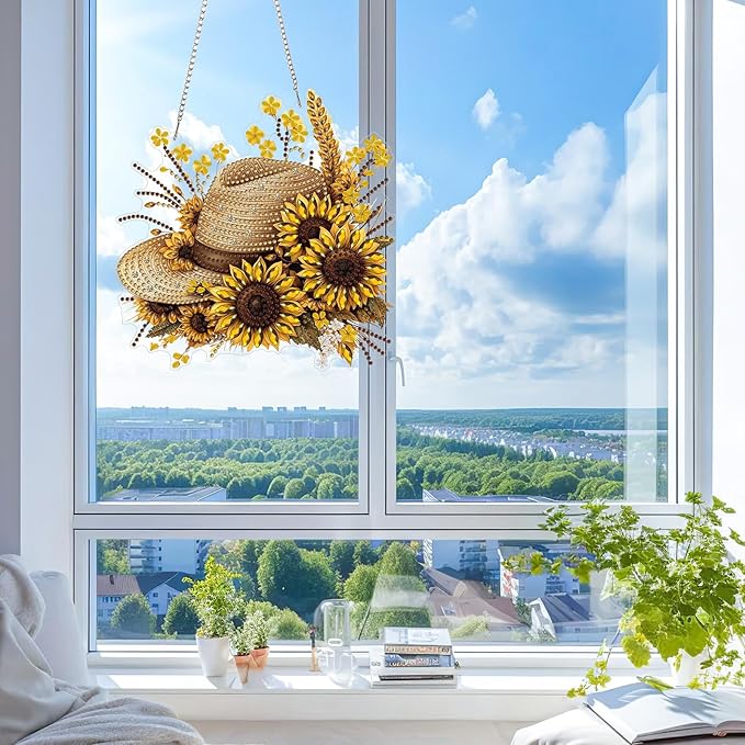 KEYIFA Straw Hat Diamond Painting Kit, DIY Sunflower Diamond Art for Adults, Diamonds Painting Pendant Special Shaped Rhinestone Window Hanging Ornaments Home Garden Wall Door Decoration, 20cm Width