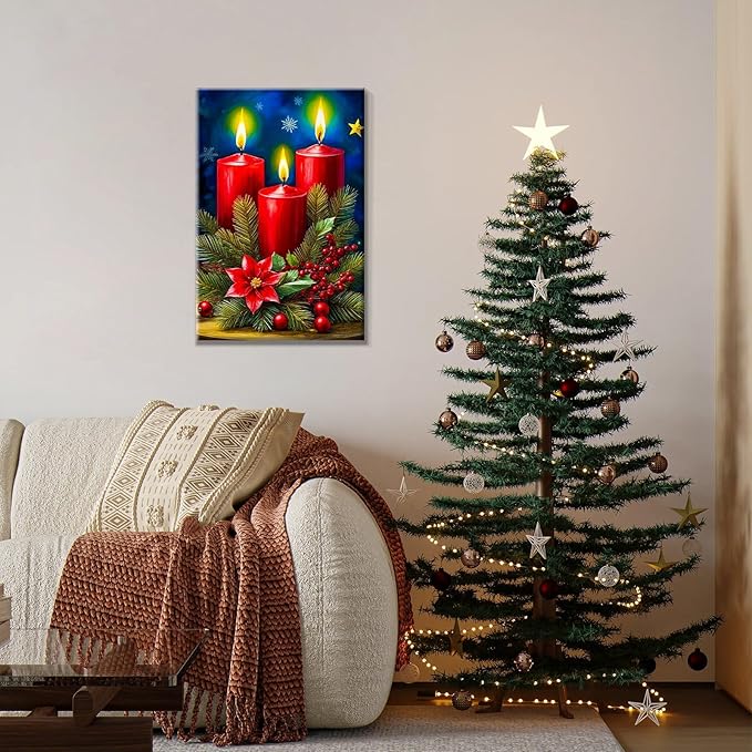JOOZ Paint by Numbers Kit for Adults Framed Christmas Paint by Number with Easel Christmas Candles Adult Paint by Number Kits Framed Canvas DIY Oil Painting Kits for Home Wall Decor 8x12 Inch