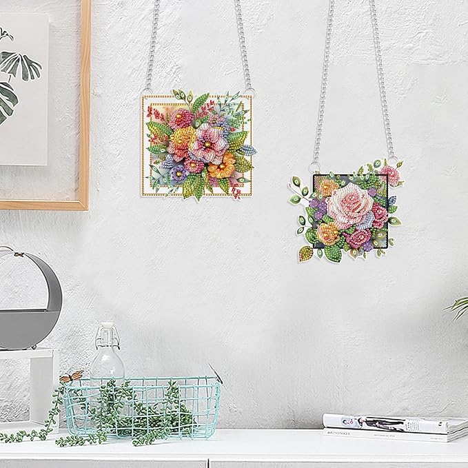 LazyFold 2 Pcs DIY Acrylic Diamond Art Painting Flowers Kits Special Shaped Rhinestone 5D Diamond Art Window Pendants Home Garden Wall Hanging Kits Hanging Ornament