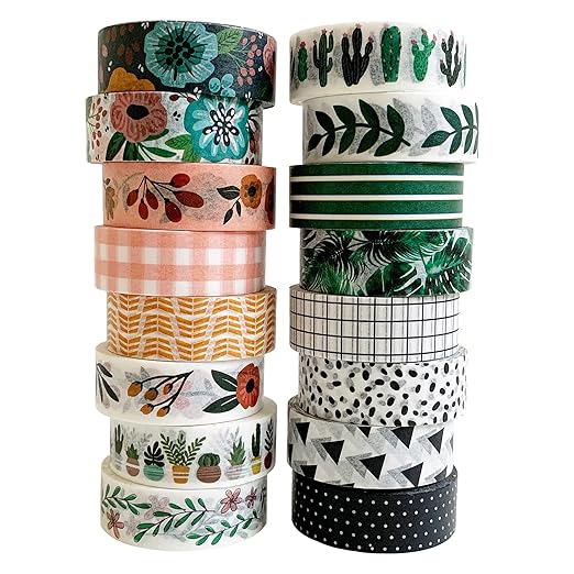 Washi Tape Set of 16 Rolls of 15 mm Wide Cute Decorative Washi Tape for Journaling, Scrapbook, Washy Crafts, Bullet Journals, Planners, DIY Décor, Craft Supplies For Adults & Kids (Meadow)