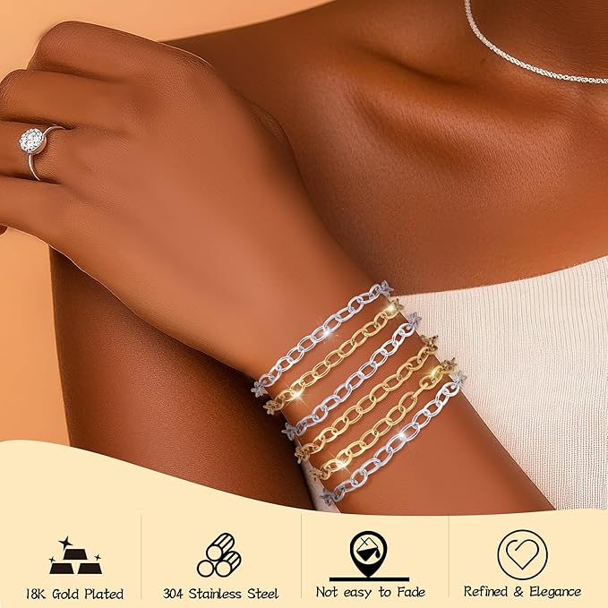 Wurosi 24PCS 6.3Inch Chain Bracelets Kit 18K Gold Plated Charm Bracelet Chains Stainelss Steel Charm Bracelets with Heart Lobster Clasp Extender Chain for Women Jewelry Bracelet Making