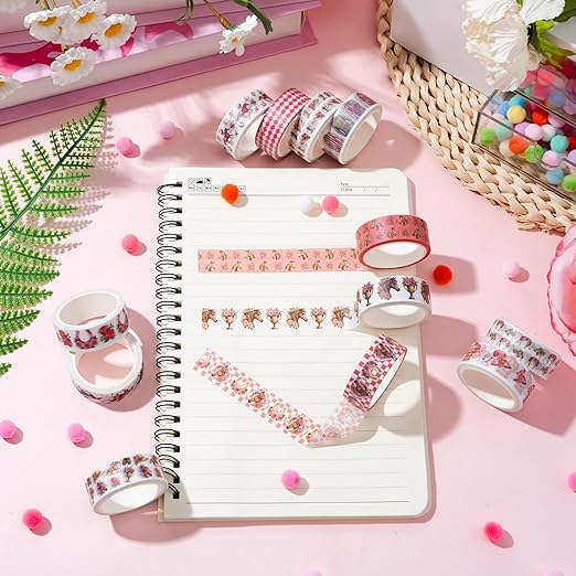 Pink Kentucky Derby Washi Tape - 12 Rolls Horse Racing Rose Horseshoe Gingham Pattern Acid Free Repositionable Adhesive for Scrapbooking Gift Wrapping Journaling Party Decor DIY Crafts