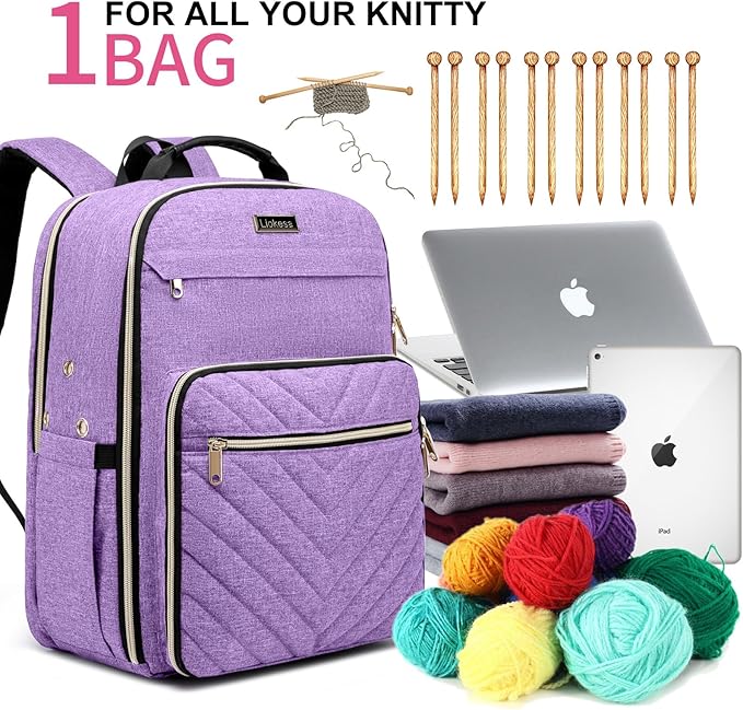 Liokesa Knitting Bag Backpack, Crochet Bag Tote, Large Yarn Storage Tote Bag with USB Charging Port, Yarn Holder Case for Carrying Projects, Knitting Needles, Yarn Supplies, Purple