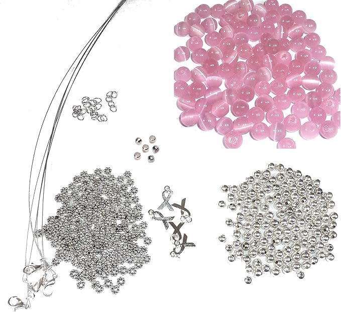 Hidden Hollow Beads DIY Craft Beading Kit, Everything to Make Cancer Awareness Bracelets, Uses Wire, Crimps and Clasps, Fundraising and Gifts (Breast Cancer - Pink - Makes 5)