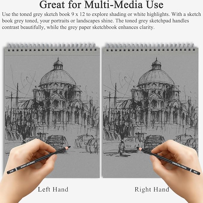 fuxi toned grey sketch pad, 9x12 spiral sketchbook, 60 sheets (85lb/130gsm) art paper, artist paper for drawing with pencil, charcoal for artists & students, art class.