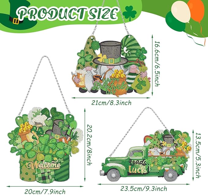 Burbell 3 Pcs St. Patrick's Day Diamond Painting Kits DIY Diamond Painting Hanging Sign Shamrock Gold Coin Beer Truck Gnome Art Kit for St. Patrick's Day Home Wall Decorations Mosaic Crafts Garden