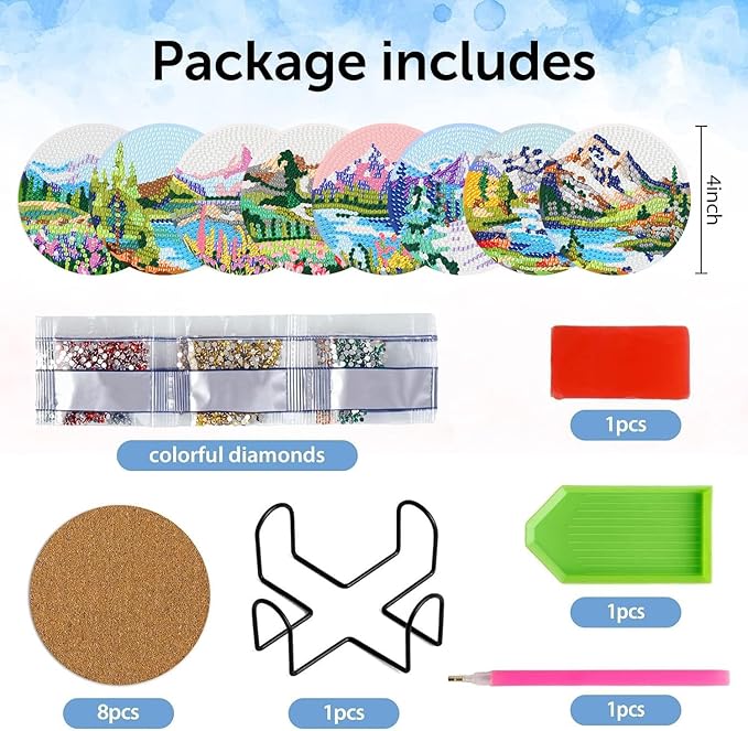 igoodom 8 Pcs Diamond Art Coasters Kit with Holder, DIY Landscape Diamond Painting Coasters for Beginners Adults, Non Slip Diamond Art Kits Craft Supplies 4x4inch