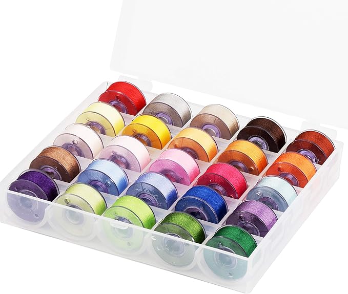 Simthread 25pcs Assorted Colors Size A Class 15 (SA156) 60WT Prewound Bobbins Thread with Clear Storage Plastic Box Compatible with Brother Embroidery Thread Sewing Thread Machine DIY