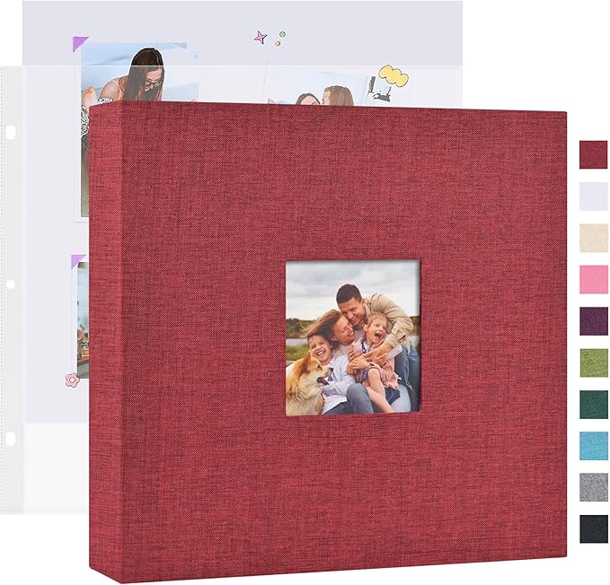 Mublalbum 10x10 Inch DIY Scrapbook Photo Album with 20 Plastic Sleeves 40 Pages Linen Cover 3 Ring Folder Binder for Wedding Baby Family and DIY Projects (Red)