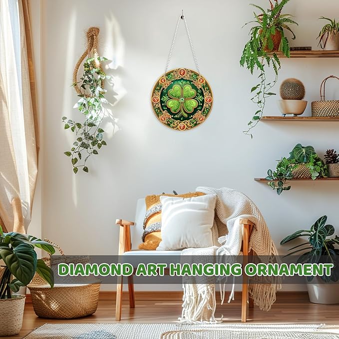 MEIYUDA St. Patrick's Day Hanging Diamond Art Kits for Adult, Lucky Four-Leaf Clover Diamond Painting Kit Ornaments, DIY Special Shaped Rhinestone Window Pendant Kit for Home Garden Wall Decor Gift