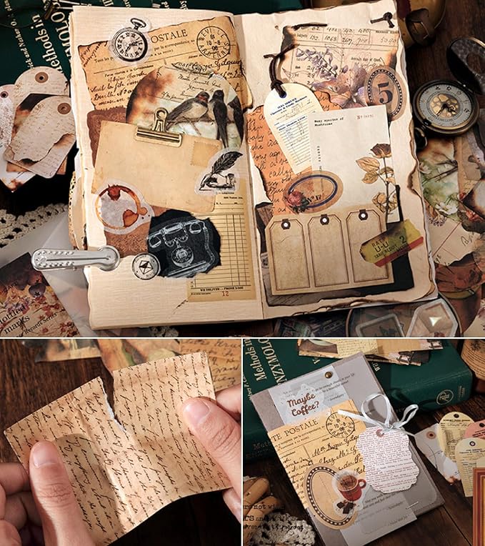 japleed 400PCS Vintage Journaling Scrapbooking Supplies Kit, Retro Aesthetic Decorative Ephemera Scrapbook Paper Stickers Material for Junk Journal Planner Diary Collage Art Craft Decoupage Album