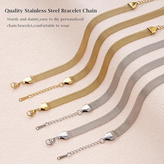 6.7 Inches Stainless Steel Charm Bracelet Chain Link on Bulk 10pcs 8MM Wide Chain Bracelet Set for Women DIY Crafts Jewelry Making Supplies
