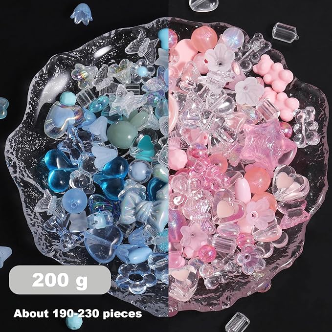 190-230PCS Assorted Acrylic Beads for Bracelet Making Kit, 200g Pink and Blue Cute Beads for Keychain Making, Kandi Charms, Kawaii Jewelry Making, DIY Crafts