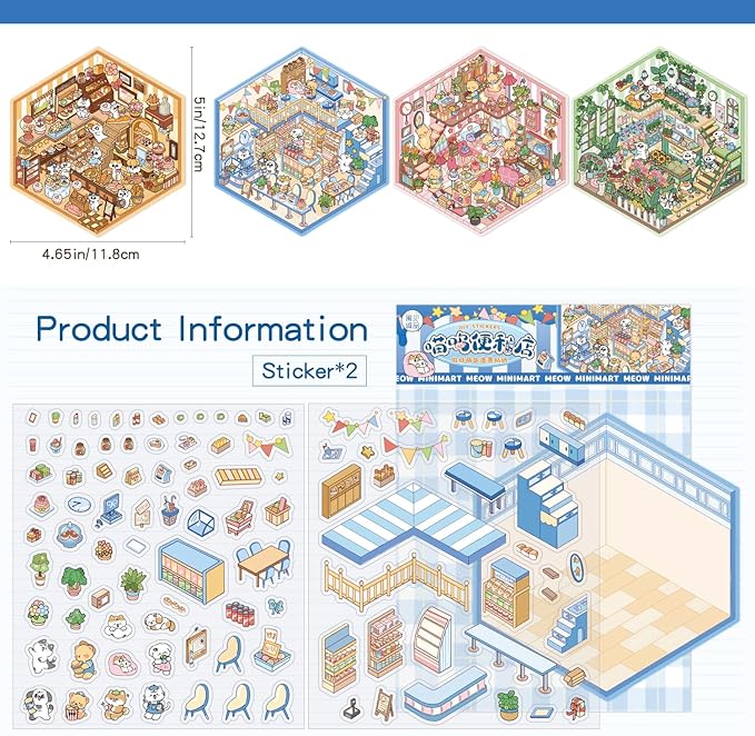 DIY 3D House Scene Stickers - 4 Sets, Warm Home, Supermarket, Bakery, Flower Shop,Cute Fun Stacking Miniature Cartoon for Adult Kids Relief Stress Pass The Time