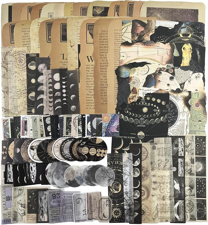Vintage Aesthetic Scrapbook Supplies Kit with Scrapbook Paper, Stickers for Scrapbooking, DIY Albums, Junk Journals, Bullet Journals, Celestial Universe Planets Space Collage Decor (Dark4 125 Pcs)