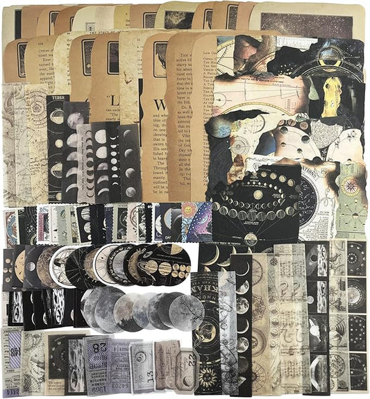 Vintage Aesthetic Scrapbook Supplies Kit with Scrapbook Paper, Stickers for Scrapbooking, DIY Albums, Junk Journals, Bullet Journals, Celestial Universe Planets Space Collage Decor (Dark4 125 Pcs)