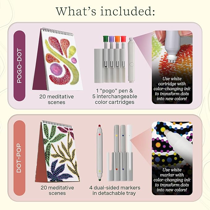 Lifelines FlowArt Activity Pads, 2-Pack & Bonus Pad - Guided Art Meditations - 2 Sets of Markers & 48 Scenes - Dot-Pop and Pogo-Dot Coloring Books for Tweens, Adults & Seniors