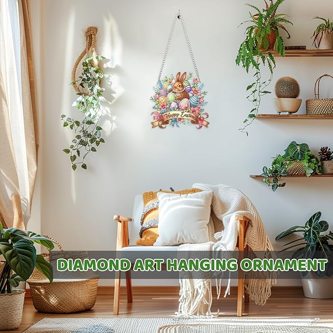 MEIYUDA Easter Bunny Diamond Art Hanging Kits for Adult, Colorful Eggs Diamond Painting Kits Ornaments, DIY Happy Easter Special Shaped Rhinestone Window Pendant for Home Garden Wall Decor Gift