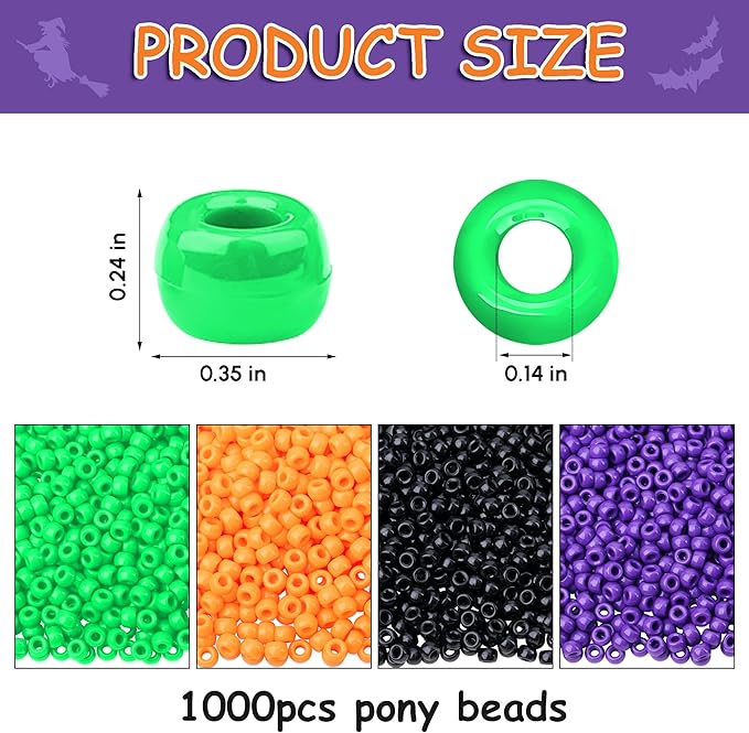 Halloween Pony Beads 1000 Pcs, Plastic Beads for Bracelets Jewelry Bracelets Making, Hair Bead for Braids for Craft, Halloween Gifts for Friend(Black, Purple, Orange, Green)