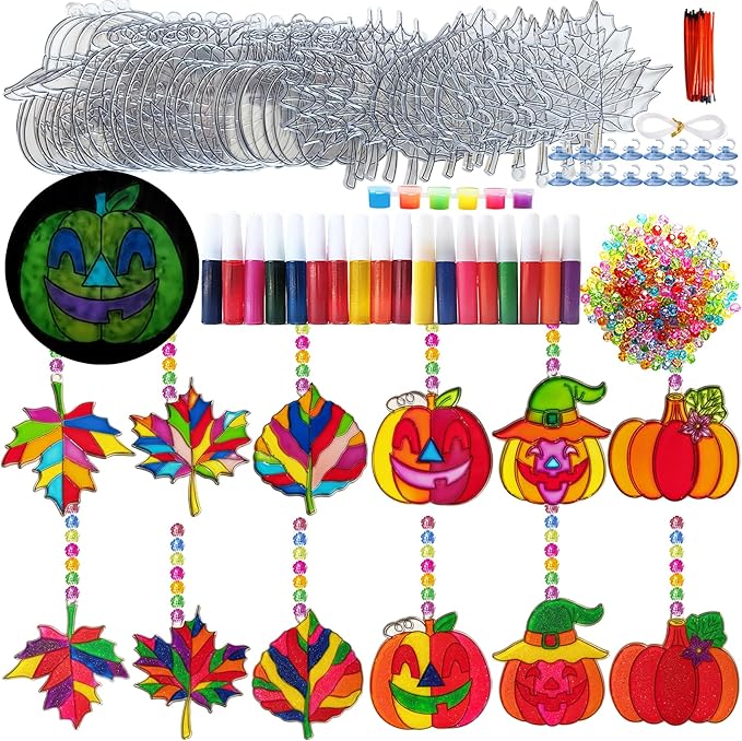 Ayhuhra 30 Sets Fall Leaf Pumpkin Suncatchers Craft Kits DIY Window Suncatchers Fall Pumpkin Arts and Crafts Activities Halloween Sun Catchers for Seniors Autumn Halloween Art Project