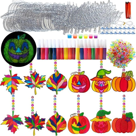Ayhuhra 30 Sets Fall Leaf Pumpkin Suncatchers Craft Kits DIY Window Suncatchers Fall Pumpkin Arts and Crafts Activities Halloween Sun Catchers for Seniors Autumn Halloween Art Project