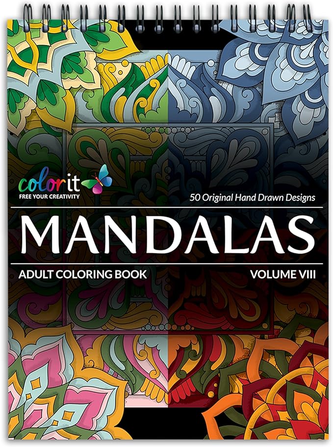 ColorIt Mandalas to Color, Volume VIII Adult Coloring Book 50 Floral and Geometric Mandala Patterns and Designs, Spiral Binding, USA Printed, Lay Flat Hardback Book Cover, Ink Blotter