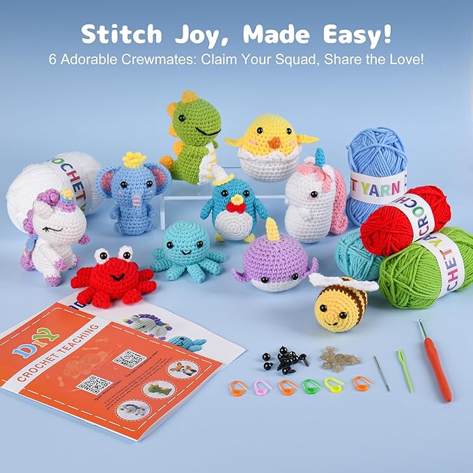 MINGOMINGO Crochet Kit for Beginners - 6 Pack Animals Amigurumi, DIY Craft for Adults and Lover, Gift for Crochet Lovers,Christmas Gifts, with Step-by-Step Video Tutorials (40%+ Yarn)