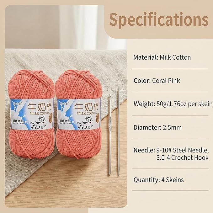 4 Pack Milk Cotton Yarn for Crocheting, 5 Ply Super Soft Baby Yarn, 50g Fluffy Cotton Yarn for Amigurumi, DIY Crafts, Hats, Socks and Knitting Projects