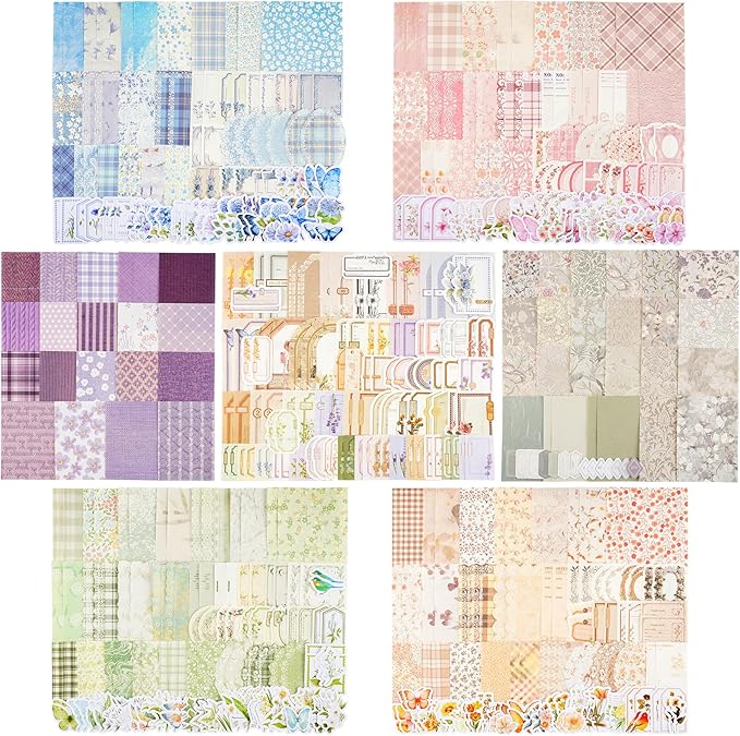 560 Sheets Floral Scrapbook Paper with Stickers Assorted Set, 7 Colors Scrapbooking Paper Vintage Scrapbook Supplies Kit Craft Decorative Papers for DIY Scrapbooks Junk Journals Planner Crafts