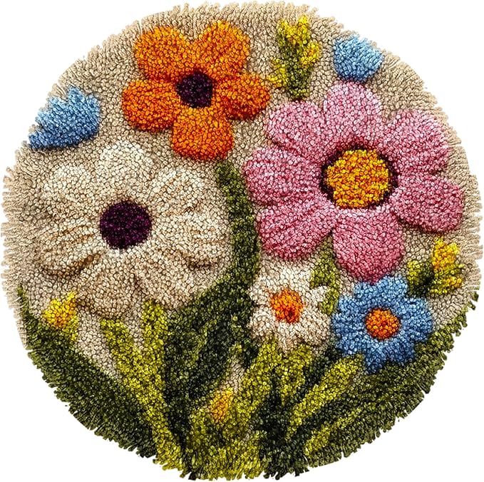 Latch Hook Rug Kit Abstract Cute Wild Flower Easy for Beginners Round Shape Carpet Crochet Yarn Craft Mini Rug DIY Hook and Latch Little Tapestry for Home Decor 30x30cm