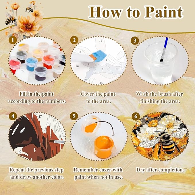 HMZephitiquc Bee Paint by Numbers Kit for Adults Beginners, Adult Paint by Number Kits on Canvas Bee, Easy DIY Craft Painting by Numbers Home Wall Decor 16x20 in