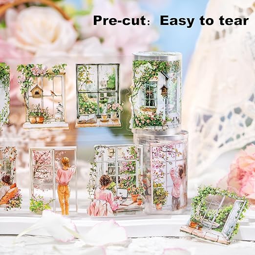 Spring PET Tape Set, 6 Rolls Pre-Cut Aesthetic Stickers for Scrapbooking, Journaling, DIY Crafts, and Collage Art