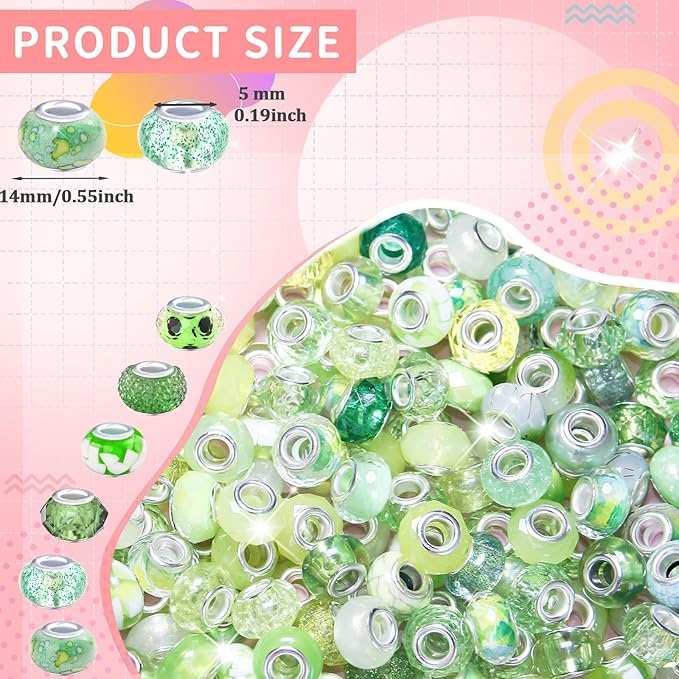 60Pcs Large Hole Beads Spacer Beads Light Green Assorted European Craft Big Beads Large Hole Lampwork Murano Bead Fairy Wand Garden Bead for DIY Bracelet Necklace Jewelry Making Decoration Supplies