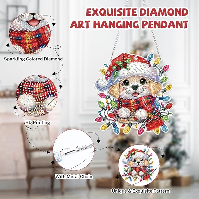 Bowetile Christmas Diamond Art Hanging Kits for Adults, Dog Diamond Art Suncatchers, 5D Special Shape Diamond Painting Pendant Window Ornament Christmas Gifts for Home Door Wall Decor