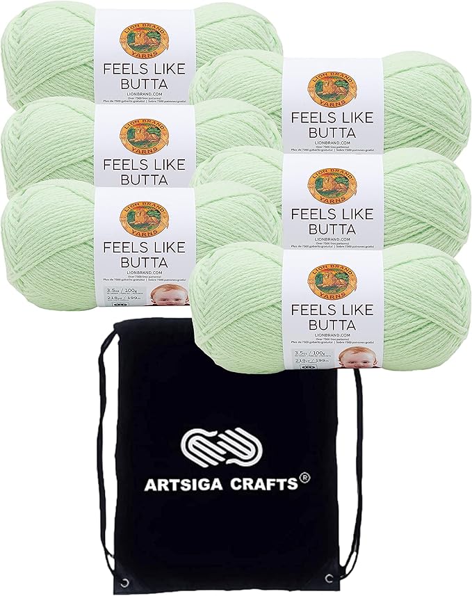 Lion Brand Feels Like Butta Mint 215-156 (6-Skeins - Same Dye Lot) Worsted Medium #4 Polyester Yarn for Crocheting and Knitting with Project Bag