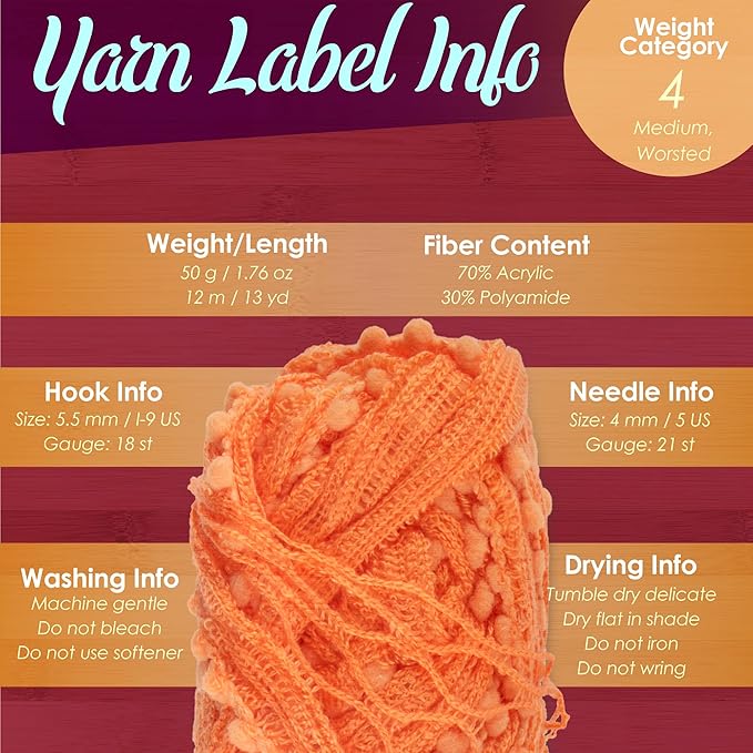 JubileeYarn Fishnet Pom Pom Yarn - 50g Mini Bonbons - Tangerine - 6 Skeins