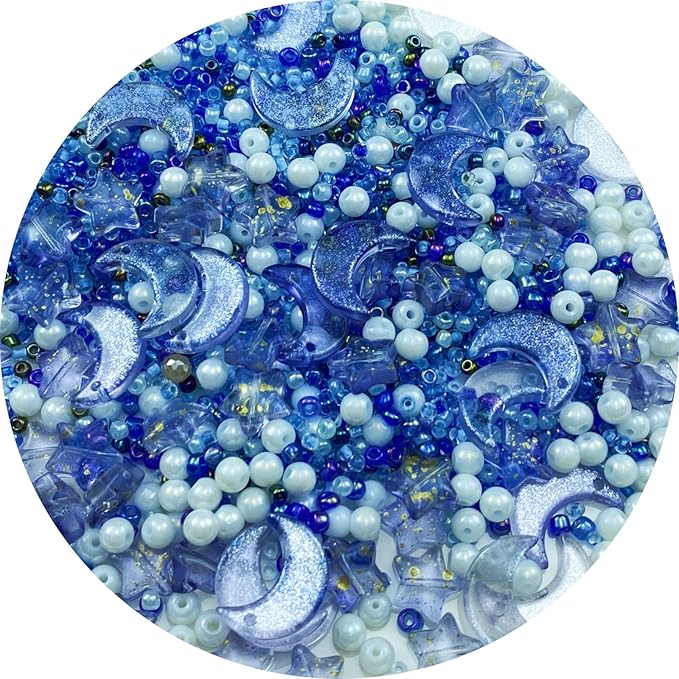 Assorted Glass Beads for Jewelry Making Multi Size Colors Glass Star Moon Seed Pearl Spacer Beads for Bracelets Necklace Earring Making(White Blue)