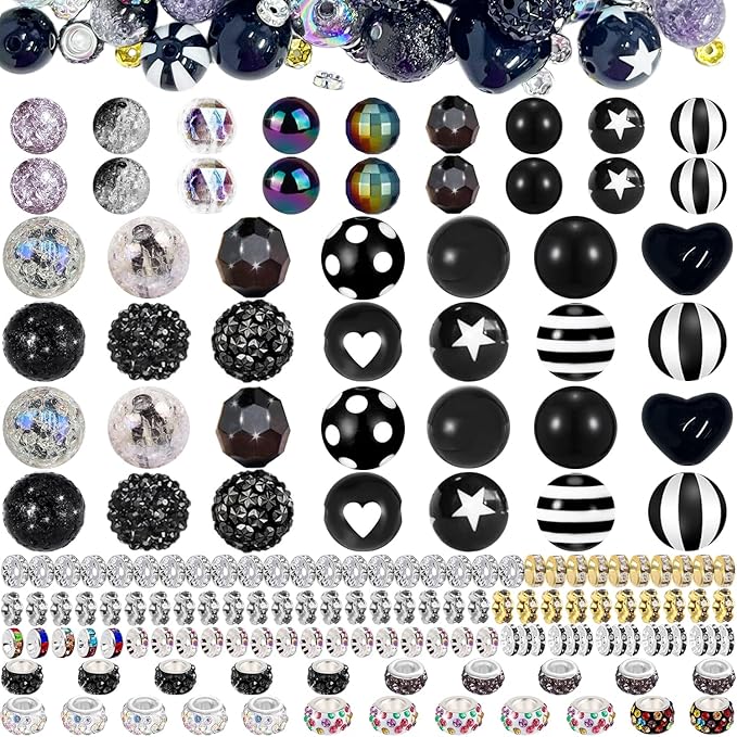 163 Pcs Pen Beads for Beadable Pens: Bubblegum Beads for Pen Making Bulk with Spacer Bead Rhinestone Bead (Black)